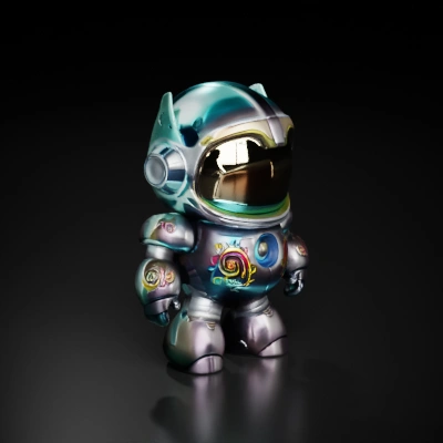 Astronaut-like robot with a shiny visor and decorative patterns.
