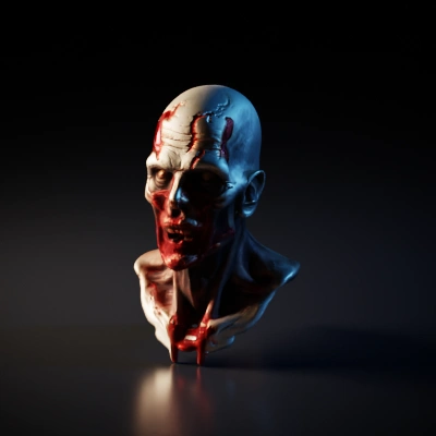 Grotesque rotting skeletal zombie head, horror theme.