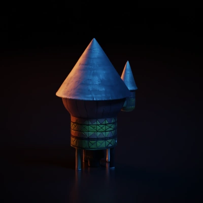Fantasy village hut with conical roofs.