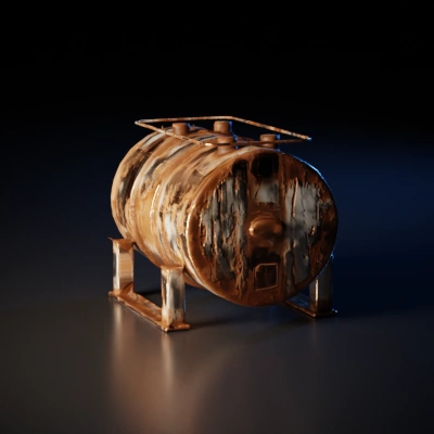 Old rusty industrial storage tank, cylindrical shape.