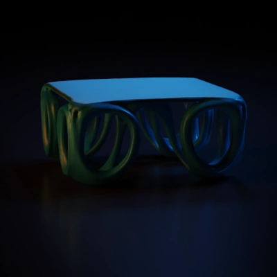 Futuristic table with intricate, looping support structure.
