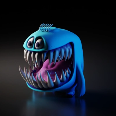 Cartoonish monster with big eyes and sharp teeth.