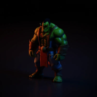 Orc warrior wearing red and brown armor, green skin.