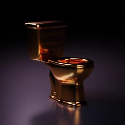 Golden toilet, luxury bathroom fixture.
