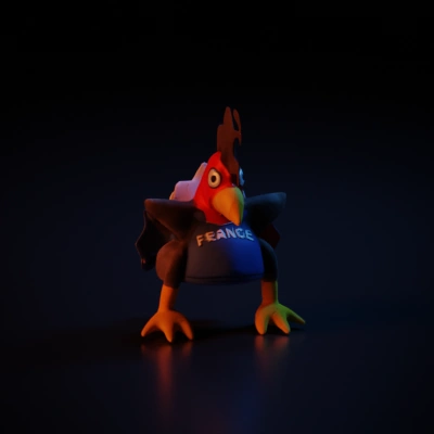 Mascot-like stuffed rooster with detailed elements, team jersey, fabric.