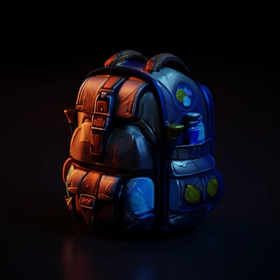 Adventurer's backpack with potions and trinkets for RPG.