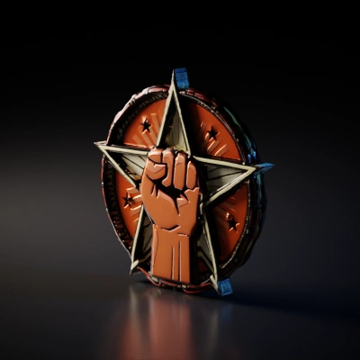 Raised clenched fist, surrounded by five-pointed star.