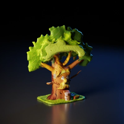 Anthropomorphic tree with a face, detailed branches and leaves.