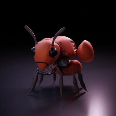 Robot ant, mechanical design, six legs, antennae. red armour, made from kitin.