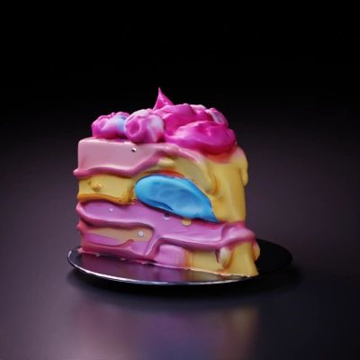 Slice of multicolored cake with frosting layers.