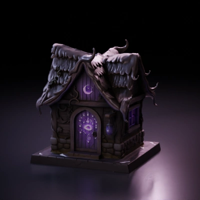 Fantasy witch's cottage with glowing runes.