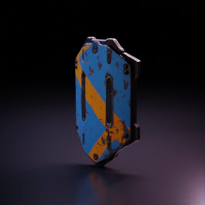 futuristic metal shield with blue and yellow.