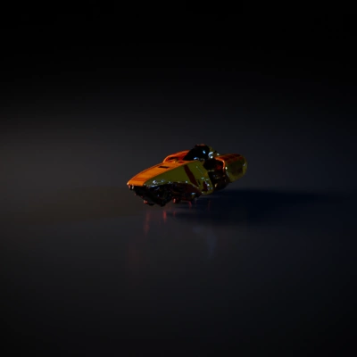 Futuristic spaceship with detailed design, landing gear extended.
