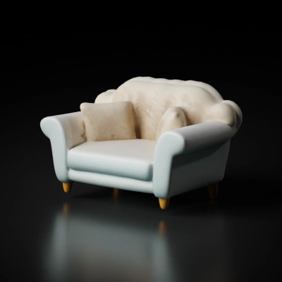 Comfortable sofa chair with cushions, fluffy backrest, wooden legs.