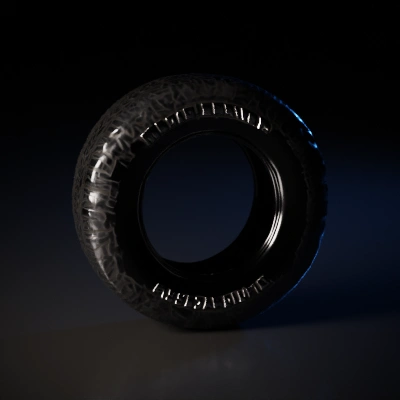 All-terrain vehicle tire, rugged tread pattern.