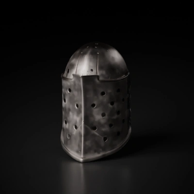 Medieval knight helmet with face guard.