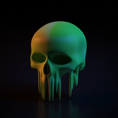 A human skull with empty eye socket and a jawline. In green color