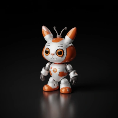 Plush robot character with antennas and large round eyes.
