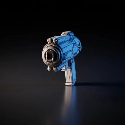 Futuristic sci-fi handgun, robust design.
