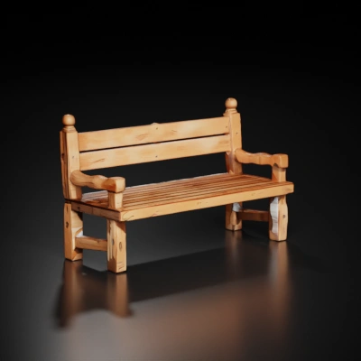 Wooden bench with backrest and armrests.