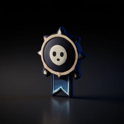 Cartoonish emblem with a face in the center.
