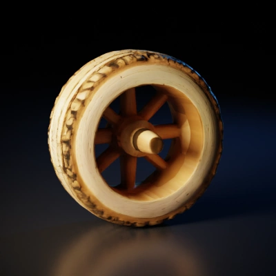 Rough wooden wheel, rustic design, radial spokes.