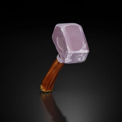 Stylized hammer with a wooden handle, metal head.