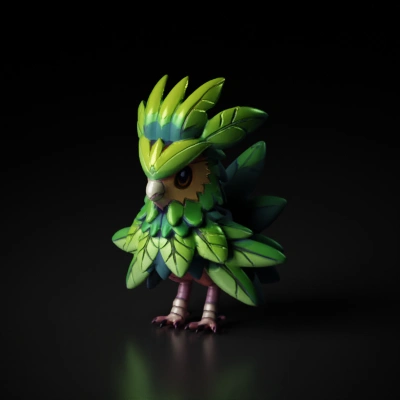 Bird-like creature made of layered leaves, cartoon-style.