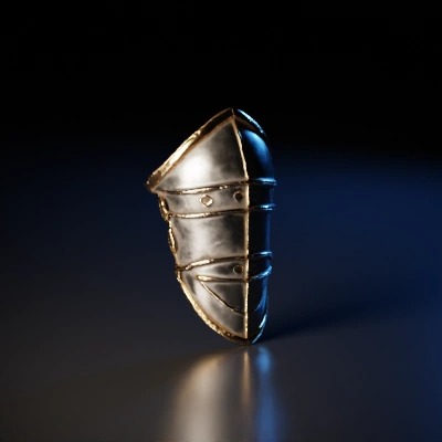 Medieval shield, curved metal plates, bolts, decorative edges.