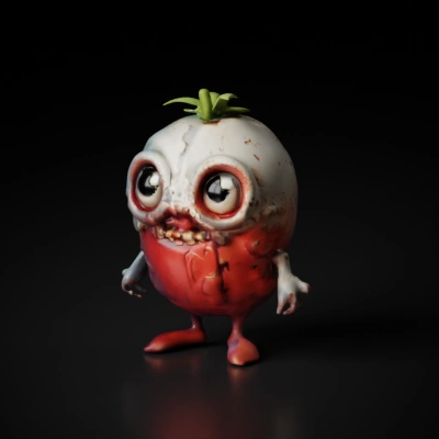 Humanoid tomato creature, cartoonish features, large eyes.