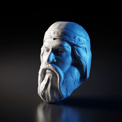 Detailed ancient statue head with beard and headband. display high detail in hair and wrinkles. carved from white marble.
