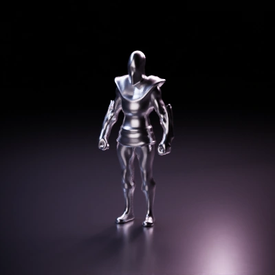 Robotic humanoid figure, shiny metallic armor.