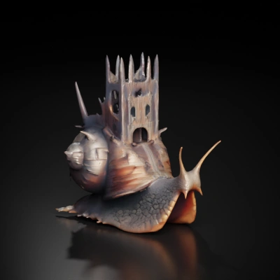 Snail with spikes carrying a surreal castle on its back.