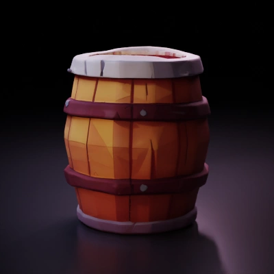 Wooden barrel, low poly design, lid partially closed.