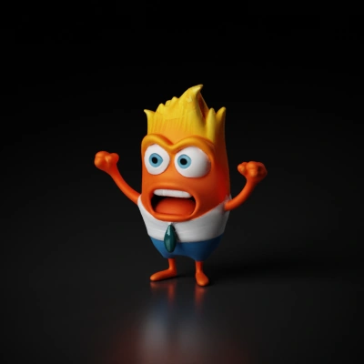 Cartoon screaming character with orange hair and blue tie.