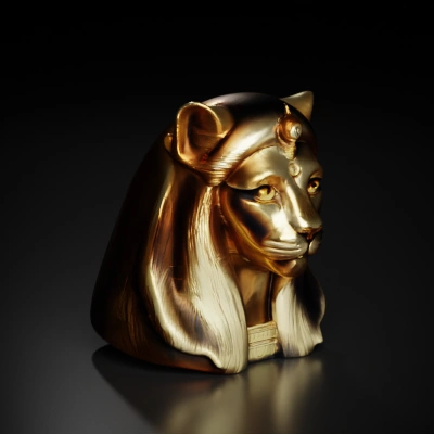Lion-headed deity statue, ancient Egyptian.