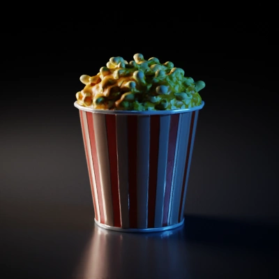 Bucket of popcorn, classic striped container.