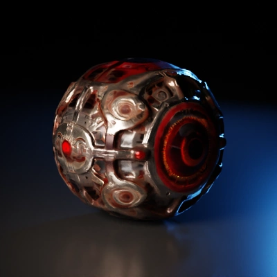 purple Mechanical spherical eye, sharp mechanical design, purple glowing core.
blinkable