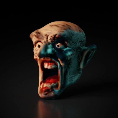Terrifying screaming zombie head, exposed teeth, expressive eyes.