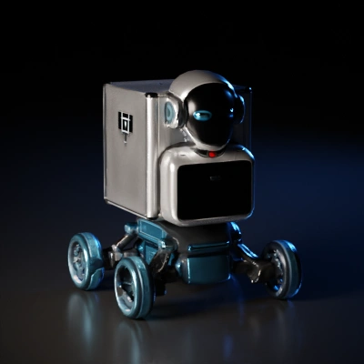 Small robotic courier with wheels and camera eyes.