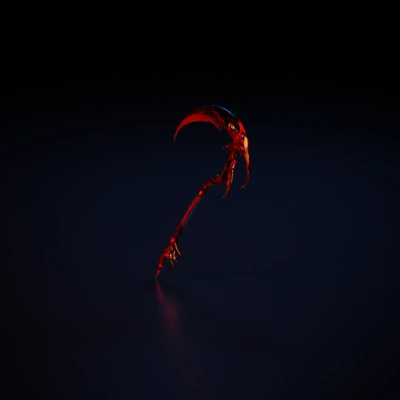 Curved blade scythe with intricate design.