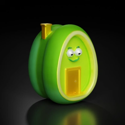 Cartoonish vegetable-like house with face, chimney, and door.