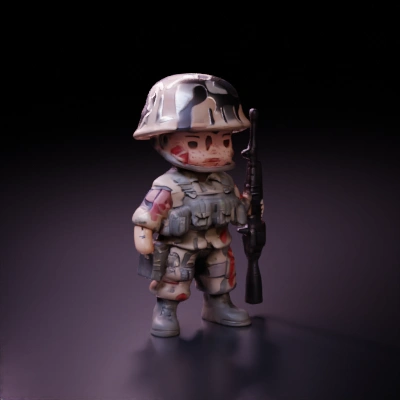 Cartoon soldier with rifle and battle gear.