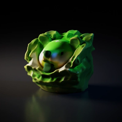 Bear-themed object nestled in lettuce-like wrapping.