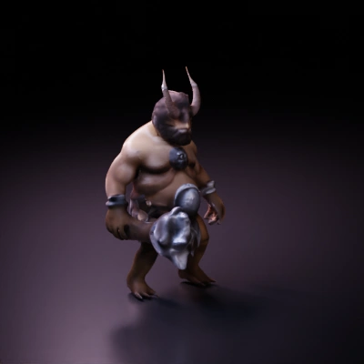Mythical beast wielding large weapon, muscular build.