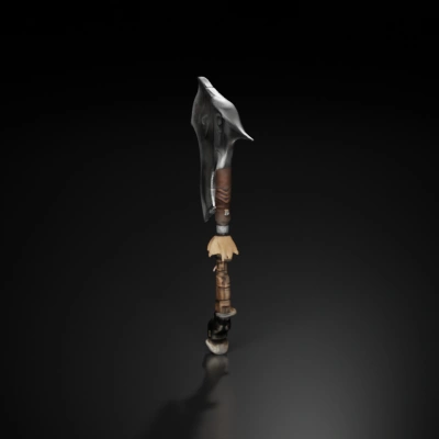 Ornate axe with intricate details, wrapped handle.