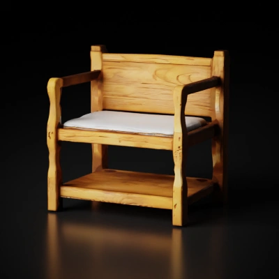 Wooden bench with cushioned seat.