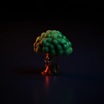 Anthropomorphic happy tree, cartoon-like.