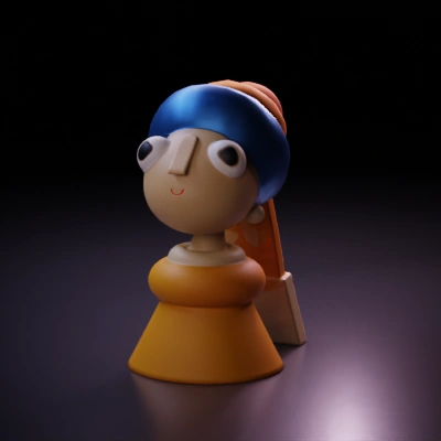 Cartoonish character with large eyes, wearing a hat.