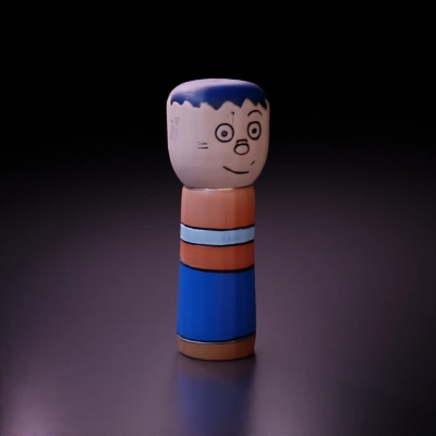 Wooden peg doll, smiling face, cartoonish.